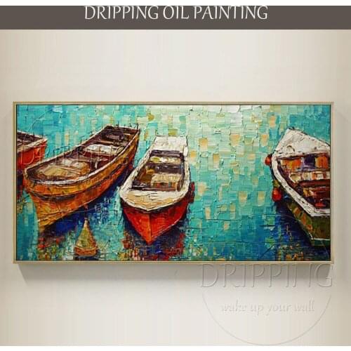 Artist Hand-painted Special Landscape Modern Boats Oil Painting on Canvas Hand-painted Textured Boat Oil Painting for Wall Decor