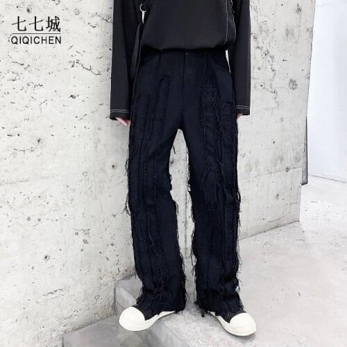 Mens Broken Edge Stripe Splice Pant Casual Streetwear Hip Hop Gothic Black White Trousers Japan Harajuku Korea Straight Pants