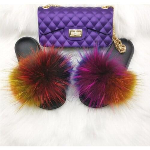 New Ladies Fashion Fox Fur Slides Chain Messenger Dating Bag Home Fluffy Furry Fur Slippers Casual Indoor Plush Fur Flip Flops