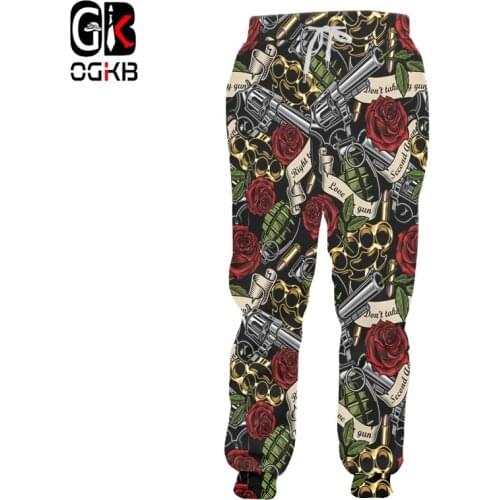 OGKB Hip Hop Style Mens Pants 3d Gun And Red Rose Print Casual Loose Sweatpants Funny Unisex Trousers Male Streetwear Clothing