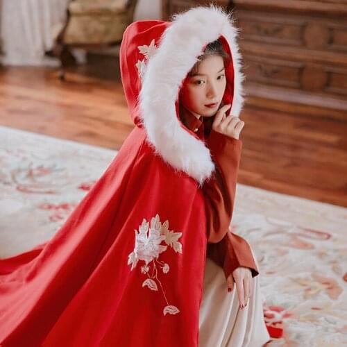 SWEETXUE Retro Literary Cloak Embroidered Floral Fur Collar Hanfu double-Sided Woolen Warm Thick Hooded Cloak Women