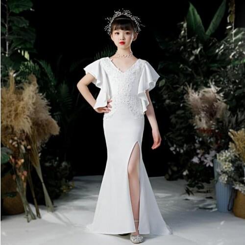 High-end Children Evening Gown Sexy V-Neck Sequined Lace Stitching Catwalk Princess Dress For Girls Birthday Party Vestidos L553