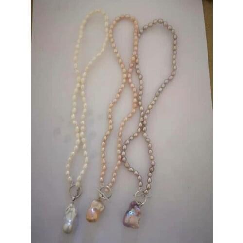 Latest natural rice pearl hand-made necklace with big baroque pearl pendant white/pink/lavender necklace for women gift PN002