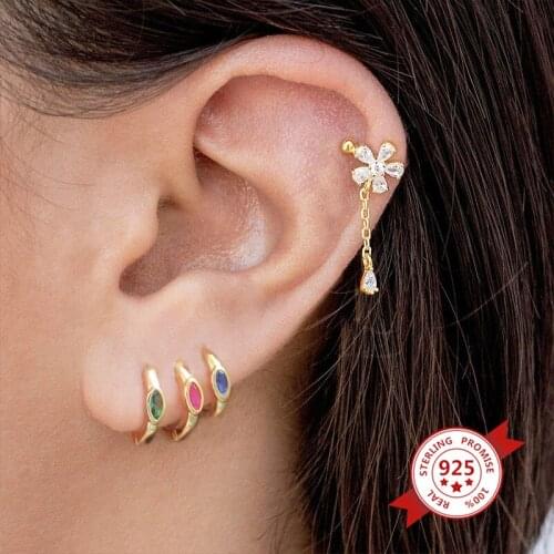 DAIWUJAN Simple Single Zircon Round Gold Earrings for Women Black/Sapphire/Purple/Red Hoop Earrings 925 Sterling Silver Jewelry