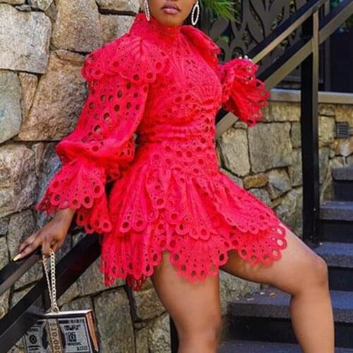 Christmas Red Lace Mini Dress 2021 Autumn Full Sleeve Hollow Out A-line Vintage Shinny Club Party Dress Sheath Dresses Black