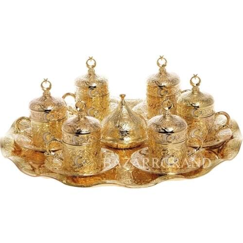 SIX COFFEE SET - AYYILDIZLI - WHITE - YELLOW - ANTIQUE YELLOW - TINY - ANTIQUE COPPER COLORS WITH MOON STARS AND GREAT PATTERNE