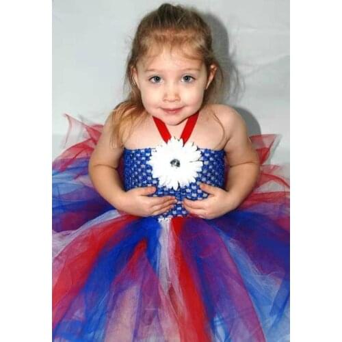 Blue Red American Girls Tutu Dress Flowers Tulle Ball Gown Girls Dresses Holiday Party Dress Up Children Clothes Vestidos