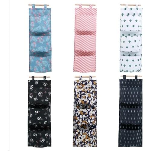 Oxford cloth Printing Hanging Storage Bag 3 Pockets Wall Mounted Wardrobe Hang Bag Wall Pouch Cosmetic Toys Organizer