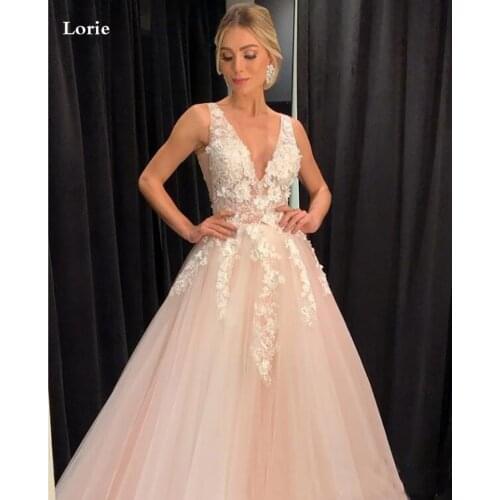 LORIE Champagne Wedding Dress V Neck 3D Appliqued A-Line Bride Dresses FLoor Length Sexy Wedding Gown 2020