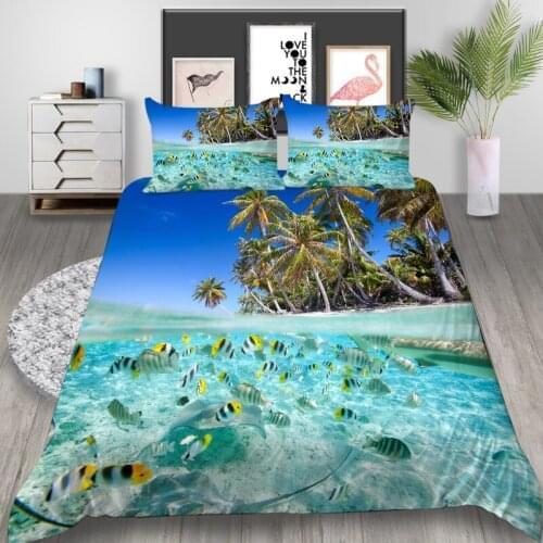 Thumbedding Seaside Bedding Set Coconut Tree Fresh Marine Life Duvet Cover Nature King Twin Full Single Double Queen Bed Set