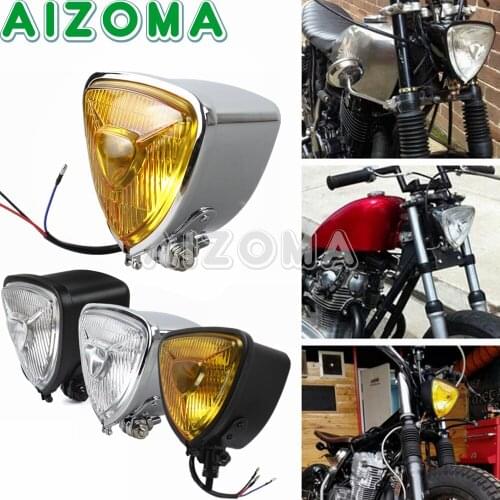 Universal Motorcycle 12V Retro Headlight Front Lamp Retro Triangle Clear Yellow Lens Headlamp for Harley Chopper Bobber Custom