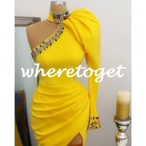 Yellow Satin Mermaid Prom Party Dresses For Arabic Wome High Neck Beaded One Shoulder Plus Size Formal Evening Occasion Gowns