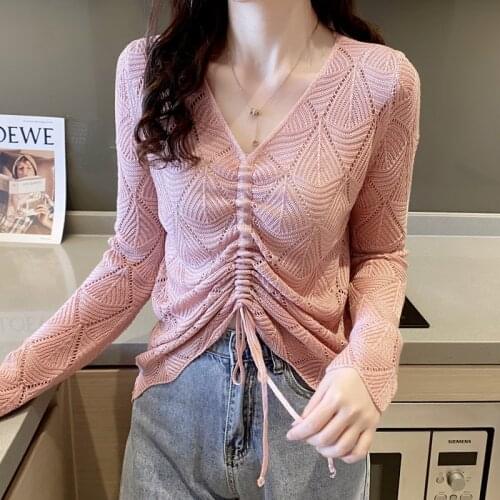Fashion Woman Blouses 2020 Summer Spring Women Hollow Out Tshirt Drawstring Loose V-Neck Ladie Knit Sunscreen T Shirt Top AA5494