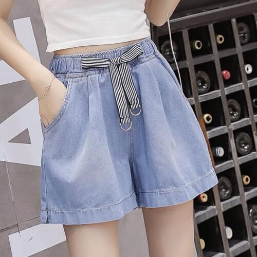 2021 Summer Elastic High Waist Loose Wide Leg Denim Shorts Womens Large Size Thin Lace Up Legs Long Hot Pants