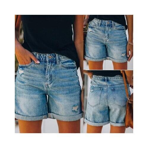 Summer Womens Solid Casual Button Pocket Jeans Hole Water Wash Jeans Shorts Hot Pants