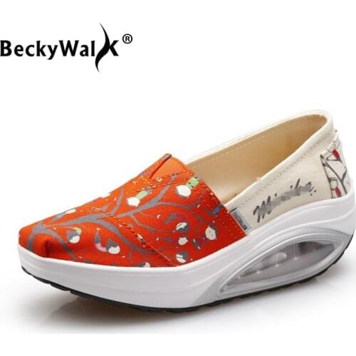 BeckyWalk Spring New Canvas Women Shoes Women Casual Shoes Slip On Ladies Sneakers Shoes Height Increasing Swing Shoes WSH2927