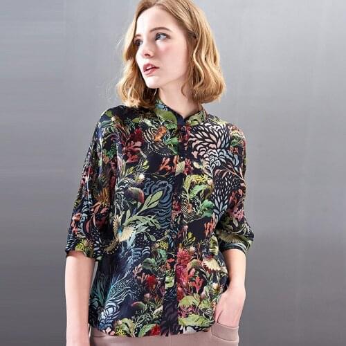 Women tops and blouses black silk green plant floral high quality OL 2020 summer office shirts long sleeve casual sexy plus size
