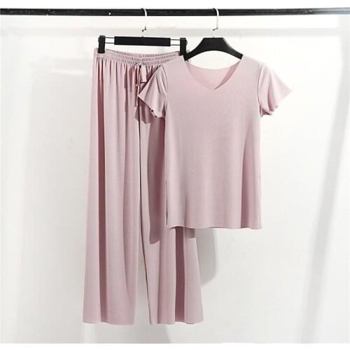 Modal Solid Women Pant Sets Summer New 2021 V-Neck T-Shirts And Wide Leg Ankle Length Trousets Female Clothing Suits
