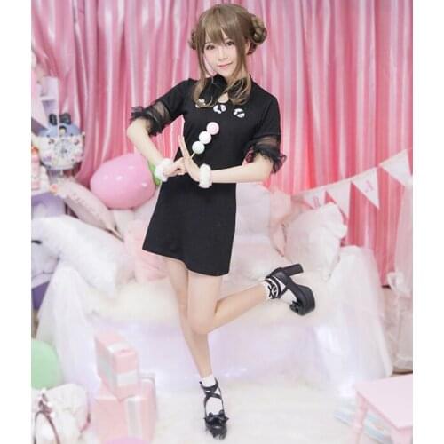 Round and Fat Panda Moe Womens Chinese Chipao Style Cute Dress Short Sleeve Slim-fit Sheath Black Dress Lolita