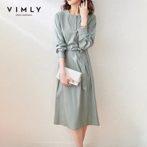 VIMLY Dresses For Women Fashion Round Neck Maxi Dress High Waist Bow Sashes Vintage Full Sleeve Dress Female Vestidos F6689