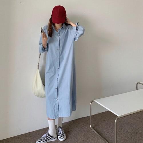 Small fresh shirt dress womens 2021 new Korean lazy loose pocket button solid color dress long sleeve