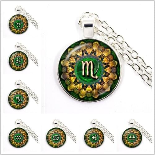 12 Constellation Mandala Necklace Zodiac Signs Cabochon Glass Dome Clavicle chain Pendant Necklaces Birthday Gifts for Women