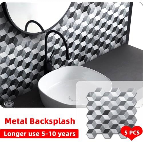 5pcs Metal Geometric Hexagon Backsplash Self Adhesive Wall Sticker Vinyl Peel and Stick Tile Wallpaper Bathroom Toliet Decor