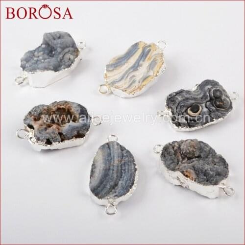 BOROSA 5pcs Silver Color Galaxy Quartz Titanium Natural Stone Connector Double Bails, Druzy Charm Connectors for Bracelet S1324