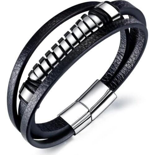 2020 punk three layers black leather bracelet for men jewellery accessories Stainless steel buckle pulsera cuero cadeau homme