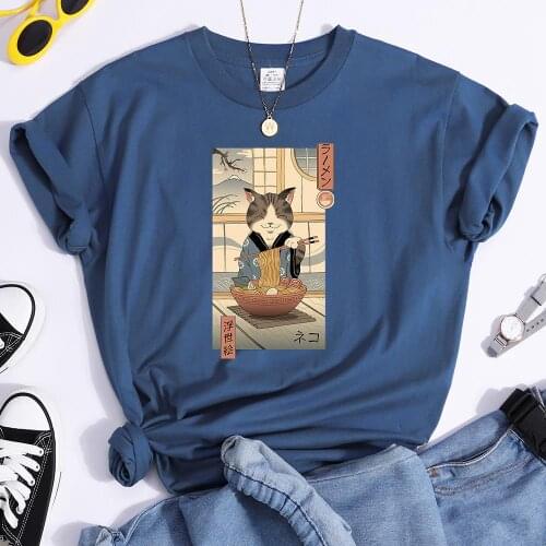 Cat Eating Ramen Ukiyoe Women T-shirts Fashion Womenswear Summer Spring Classic T Shirts Leisure Clothing Loose womens Tshirts