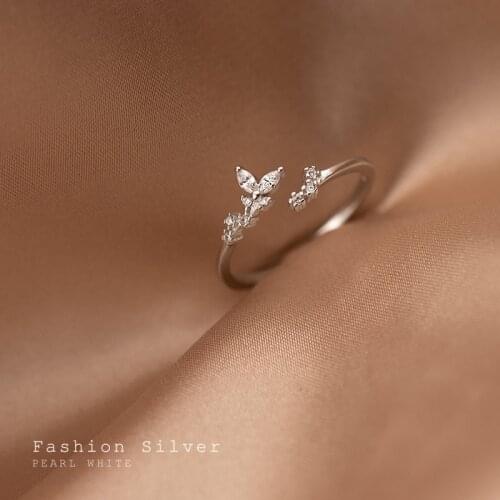 Solid 925 Sterling Silver Rings for Women Teen Girls CZ Zircon Leaf Adjustable Cute Sweet Korean Jewelry 2021