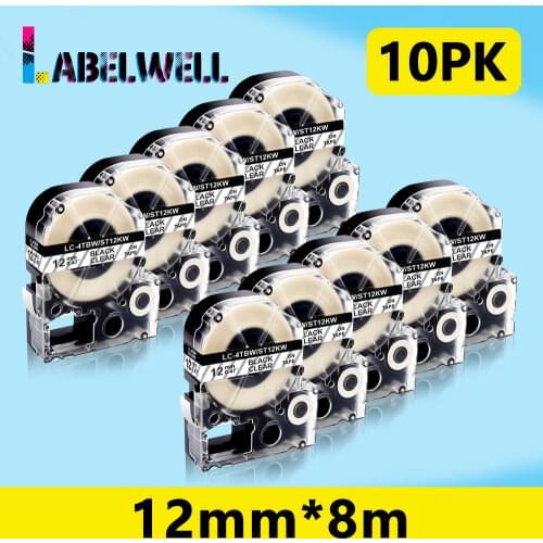 Labelwell 10PK 12mm label tapes for Epson KIngjim ST12KW LC-4TBN Black on Clear for Epson LW-300 LW-400 LW-600P 700 Label Maker