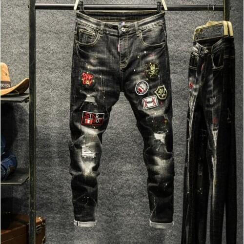 Mens punk style high quality mens jeans black stretch slim hole patch jeans casual mens trousers