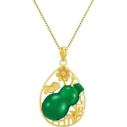 MxGxFam Green Gourd Pendant Necklace For Women China Ancient Mascot Pure Gold Color with 45cm Chain