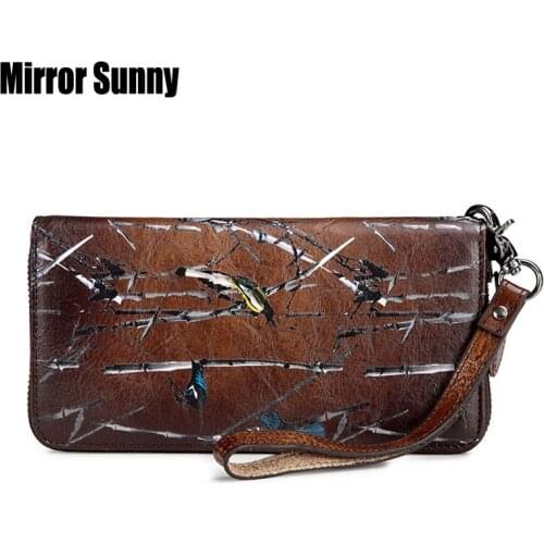 New European & American Wristband Wallet Ladies Long Zipper Purse Nature Skin Leather Women Wallet Large Capacity Retro Hand Bag