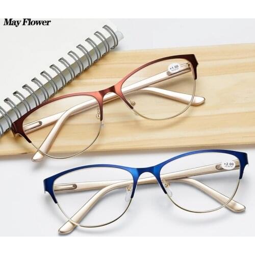 Optical Cat Eye Reading Glasses Metal Fashion Womens Glasses Womens Eyeglasses Round Female Glasses Frame With Diopters +3.5+4