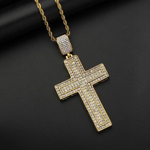 Bling Bling Cross Pendant Iced Out rhinestone Charm Gold color Chain Men Necklace Fathers Day Gift Hip Hop Jewelry