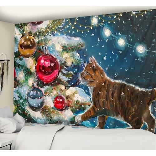 Xmas Art Wall Hanging Tapestry Christmas Tree And Cat Christmas Animals New Year Party Elk Decoration Yoga Blanket
