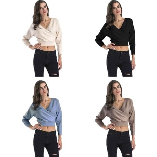 Women Batwing Sleeves Knit Loose Sweater Sexy V-Neck Wrap Front Jumper Crop Top F3MD