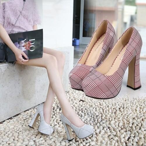 14cm Super High heeled shoes Spool heels ShallowRound toe Gingham 6 inches Thick platform Color Models Party Dress novelty Style