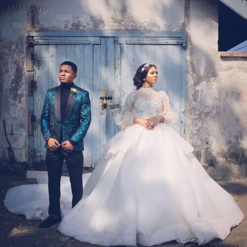 YiMinpwp Luxury Ball Gown Wedding Dresses High Neck Long Sleeve Court Train Appliques Beads Chapel Bridal Gown vestidos de novia