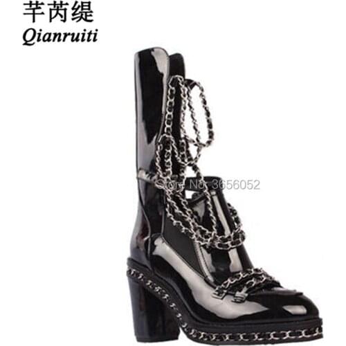 Qianruiti Botas Mujer Platform Shoes 43 Black Leather Block High Heels Chain Cross Thigh High Boots Women Ankle/ Long Booties