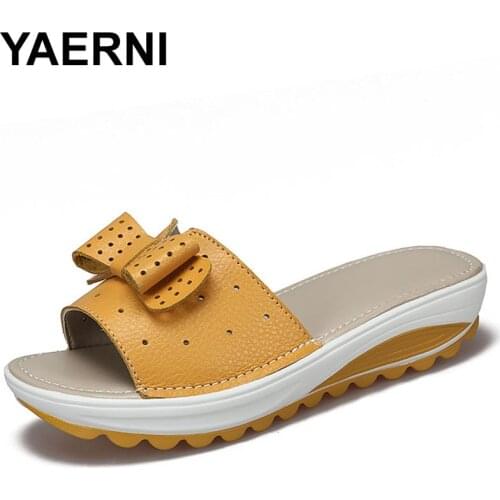 YAERNI 2017 New Womens Cow Leather Women Flats Shoes Platform Wedges Female Slides Beach Flip Flops Summer Shoe Lady 35-42