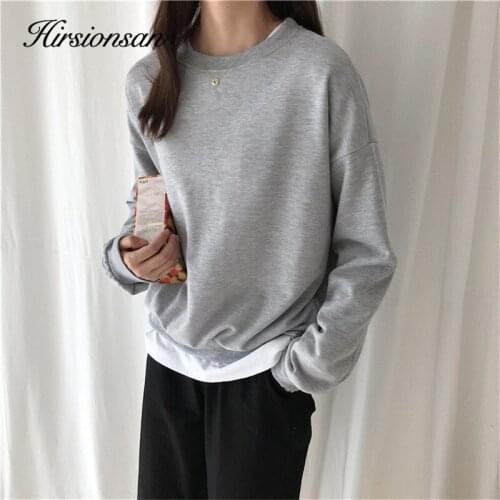 Hirsionsan Solid Color Full Sleeve Women Sweatshirt 11colors Basic Loosee Female Pullovers Pink Khaki Korean Hoodies 2020 Autumn
