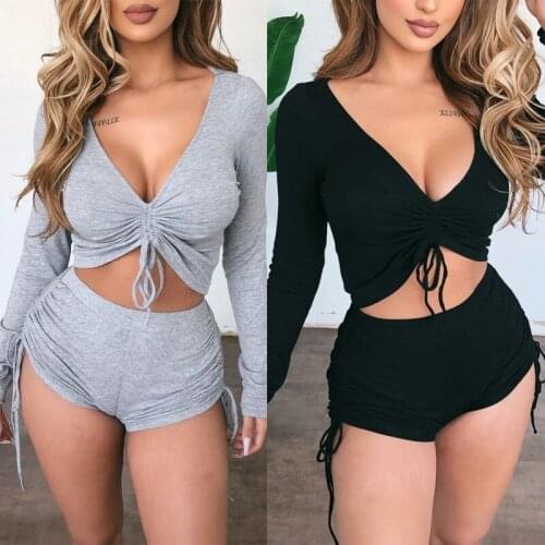 Women Sets Sexy V-neck Long Sleeve Drawstring Crop Tops Bodycon Shorts Two Piece Skinny Streetwear Causal Fitness Tracksuit Suit