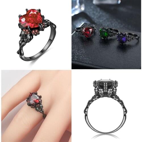 For Women Party Red Heart-shape Crystal Skull Rings Black Fashion Wedding Punk CZ Ring Jewelry Dropshipping