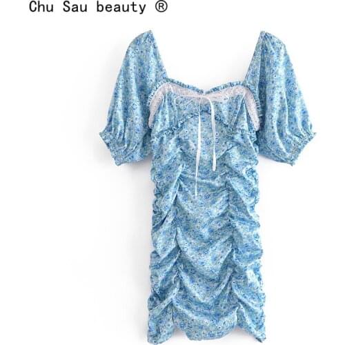 2021 Summer Sexy Square Collar Bowknot Lace Floral Print Puff Sleeve Folds Mini Dress Slim-Fit Women Zipper Vestido