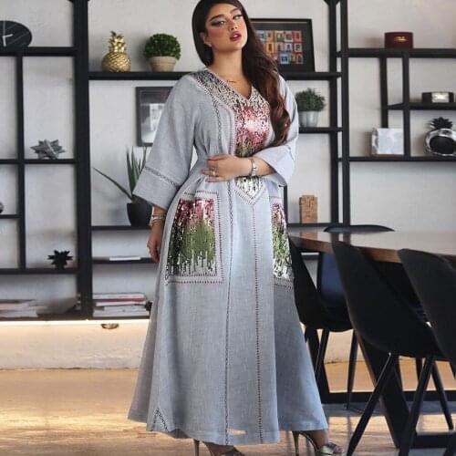 2021Eid Islamic Embroidered Sequins Maxi Dress For Women Turkey Arabic V Neck Long Sleeve Jalabiya Muslim Ethnic Abaya Ramadan