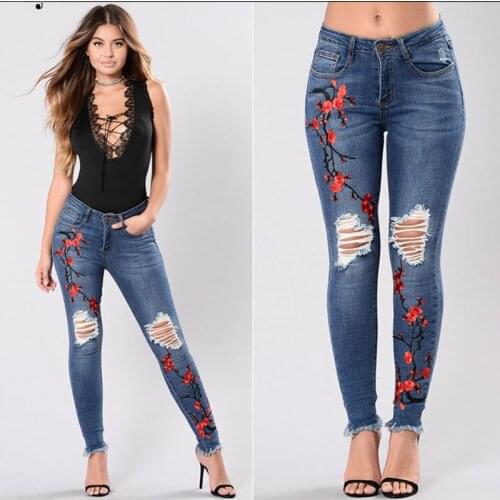 Zomer Borduren Ripped Jeans Mid Taille Stretch Skinny Potlood Broek Mujer Elastische Slanke Broek Met Gaten Denim Straat