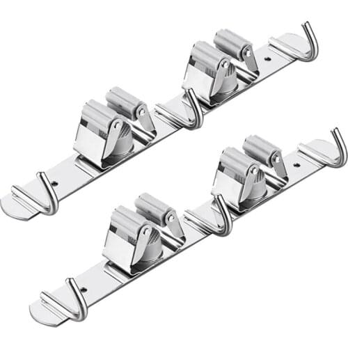 2 Pcs Broom mop Holder, Stainless Steel Wall mounted Storage Tool for Kitchen, Garage, Garden, Bathroom(2 Racks 3 Hooks)